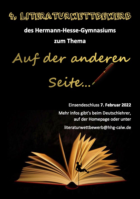 Plakat zum Literaturwettbewerb. Schwarzes Plakat mit goldener Aufschrift. Unter Schrift ein augeschlagenes Buch von der Seite aufgenommen. 